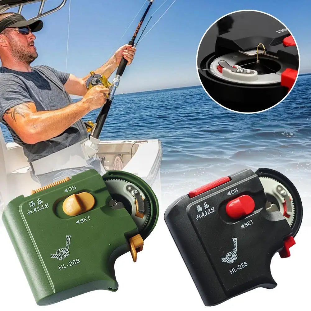 HookOut TieFast electric hook tying machine in use on a fishing boat