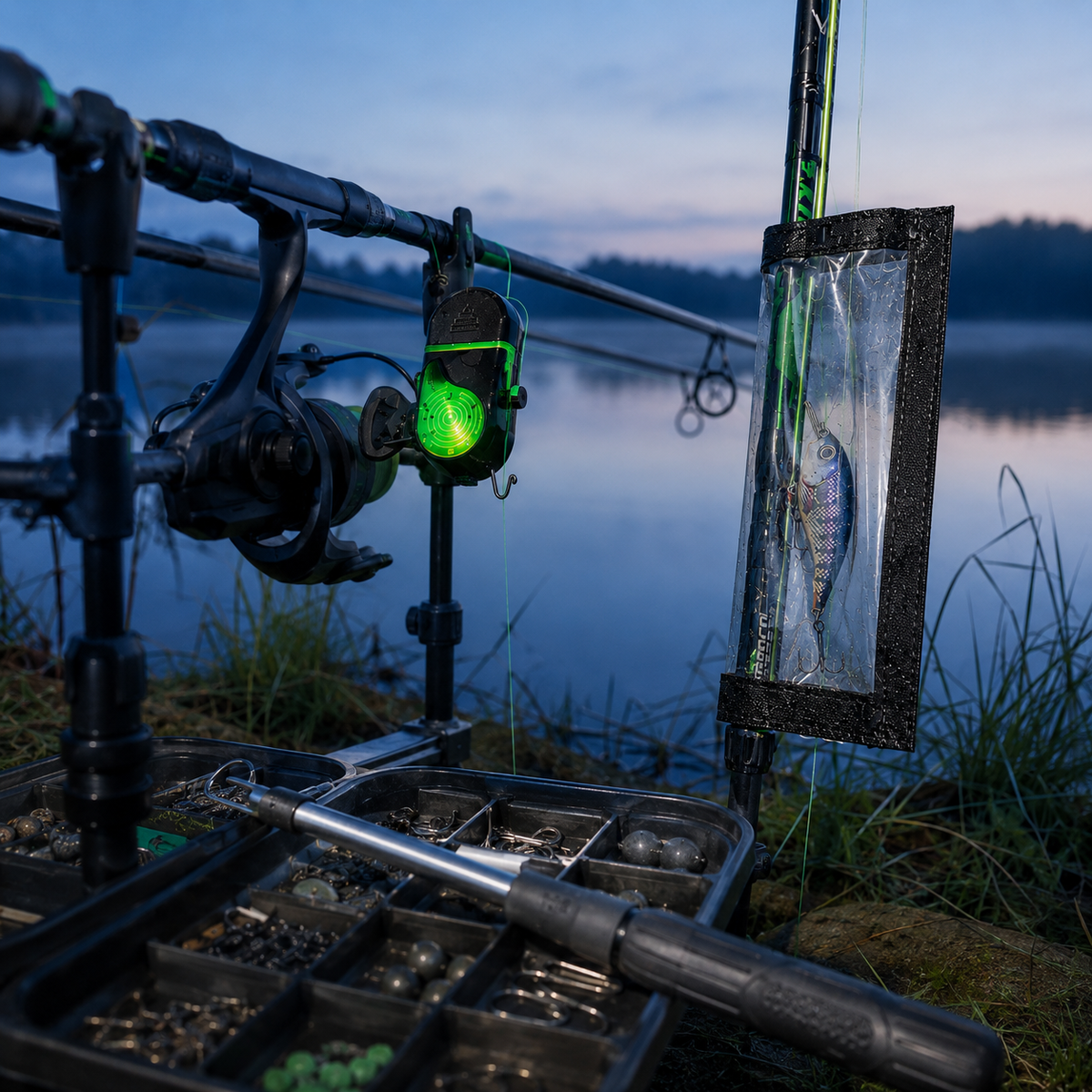 HookOut Complete Fishing System set up lakeside with HookBite alarm, Hook Protector and Professional Hook Remover