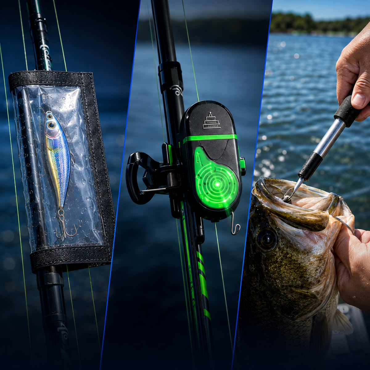 HookOut Complete Fishing System showing Hook Protector, HookBite alarm and Professional Hook Remover in use